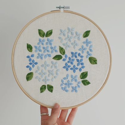 Hand Embroidered Blue Hydrangea Embroidery Hoop 