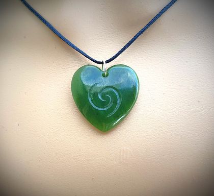 Greenstone Heart pendant-~with Maori love koru galaxy engraving.