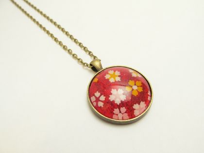 Bright, Bold Red (with white, yellow, pink cherry blossoms) Japanese Washi Paper, Glass Cabochon Necklace- 30mm