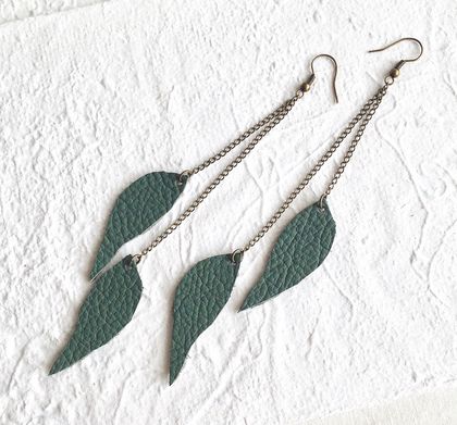 Recycled leather leaf earrings in sage green