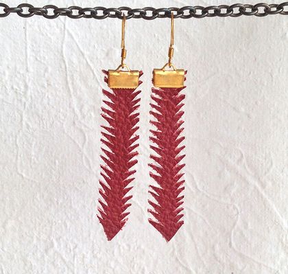 Recycled leather barbed earrings in deep red