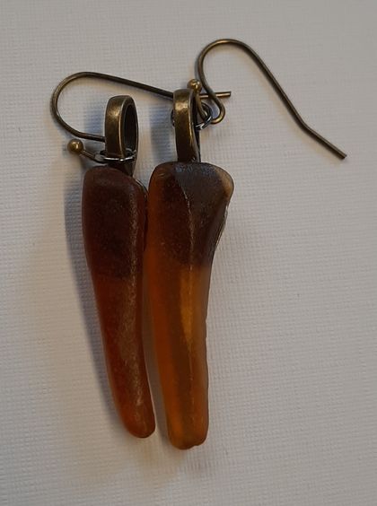 Amber coloured beachglass drop earrings