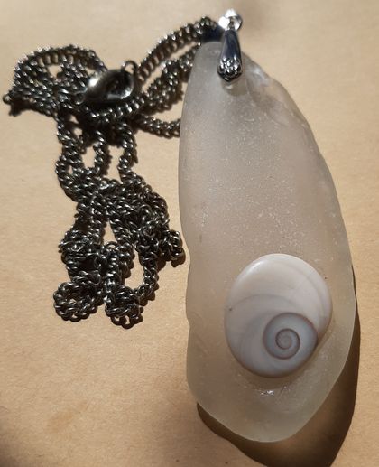 White beachglass and spiral shell necklace
