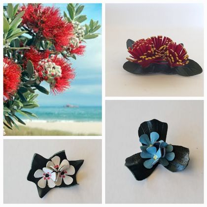 Leather NZ Native Flowers Brooch