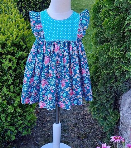 Pretty teal and apricot cotton floral dress with flutters - Size/Age 1 & 7