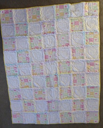 Cot Quilt - Stitched Hearts and Pastel Flannelette Squares - Easy Care, Soft