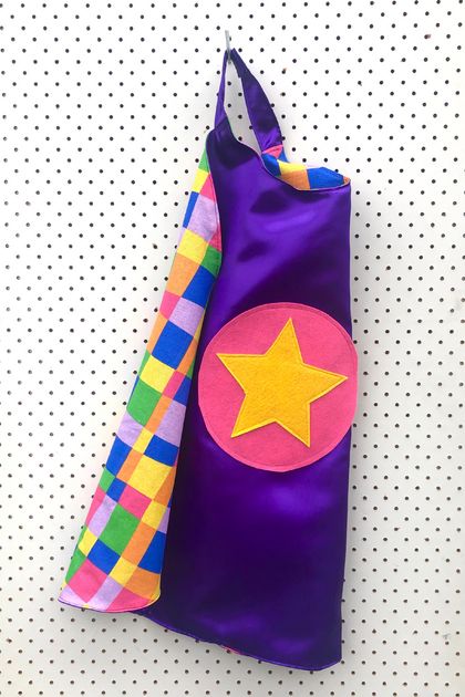 Kids Superhero Cape - Purple with Rainbow squares 