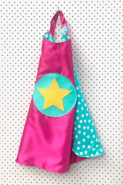 Kids Superhero Cape - pink with turquoise spots