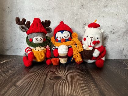 Christmas three brothers white bear doll gift crochet doll pure cotton thread amigurumi