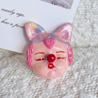 Cat Ears Pink Clown Brooch/Necklace