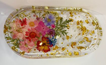 Floral Resin Art Tray - Oval - Gold Flake