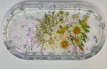 Floral Resin Art Tray - Oval - Sliver Flake
