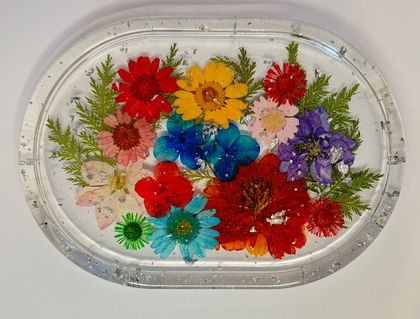 Floral Resin Art Tray -  Short Oval - Sliver Flake