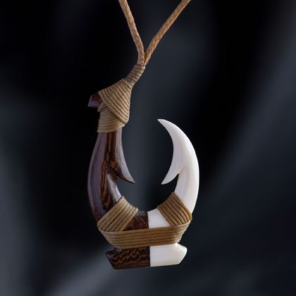 Maori Style Bone and Wood Matau Pendant.