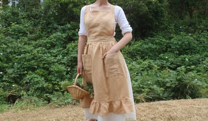 Bisque Linen Pinafore Apron Dress With Pockets