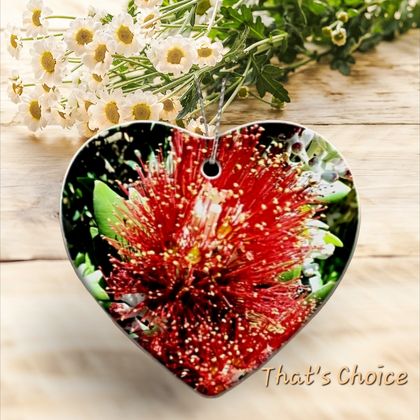 Ceramic hanging decoration - heart - pohutukawa