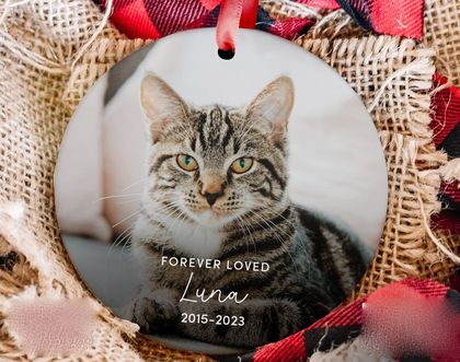 Custom Forever Loved Cat Ornament, Personalized Cat Photo Ceramic Ornament, Pet Memorial Remembrance Gift, Cat Photo Keepsake Christmas Gift