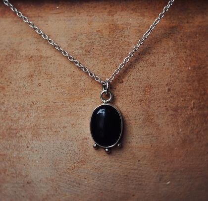 Black obsidian tune pendant, Sterling silver gemstone necklace 