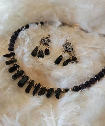 Smokey Quartz and Dark Amethyst Necklace and Earrings set