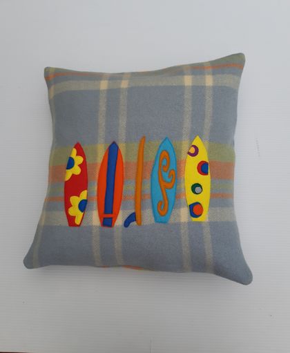 Handmade cushion cover- wool with surfboard applique