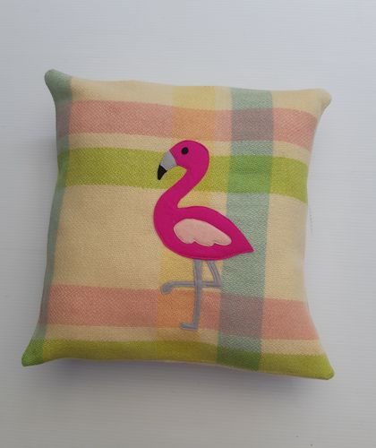 Handmade cushion cover- wool with Pink Flamingo applique