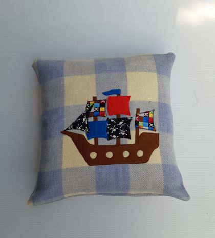 Handmade cushion cover- wool with pirate ship applique