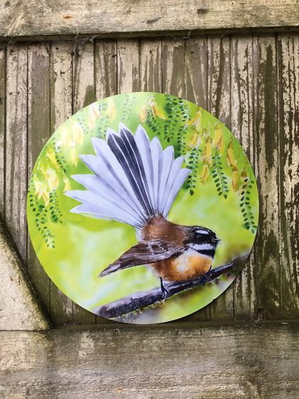 New Zealand FANTAIL BIRD, CIRCLE OUTDOOR, Garden or Inside Wall ART Panel.45cm Diameter
