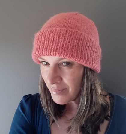Alpaca Double Brimed Knitted Beanie/Hat - Bright Coral