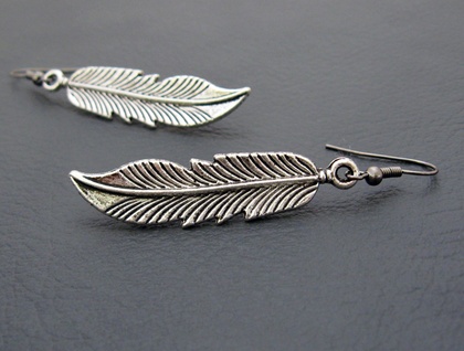 Silver Feather earrings: antiqued-silver feather charms on black hooks