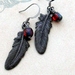 Raven Plume earrings: dark feather charms with blood-red glass beads – gothic earrings 