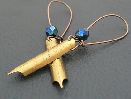 Pen And Ink earrings: real, vintage, brass pen-nibs with inky blue Czech glass