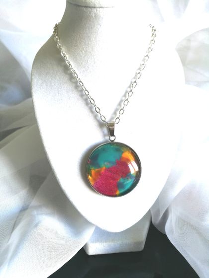 Hand Painted Pendant-Pink Light Blue and Orange 