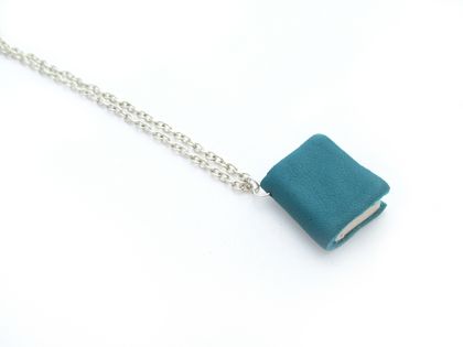 Miniature Book Necklace Handcrafted from Upcycled Books and Leather Bound in Teal