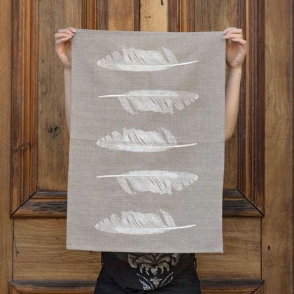 Natural 100% Linen White feather kitchen tea towel