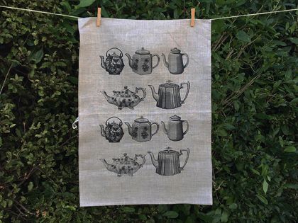 Natural 100% Linen Black vintage teapots kitchen tea towel