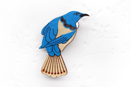 Hand Painted Wooden Tui with Pohutukawa Flower Tail Brooch