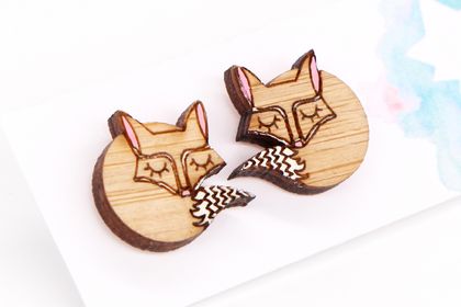 Sleeping Fox Stud Earrings - Hand Painted Wood