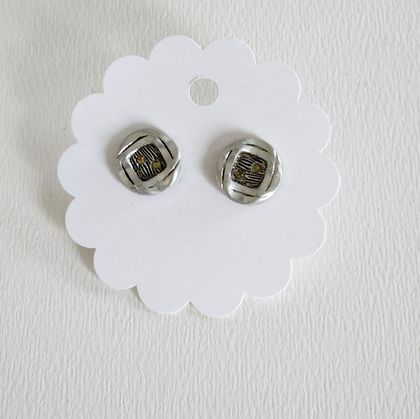 Silver black vintage retro texture button studs, upcycled rescued sustainable jewelry,  surgical steel