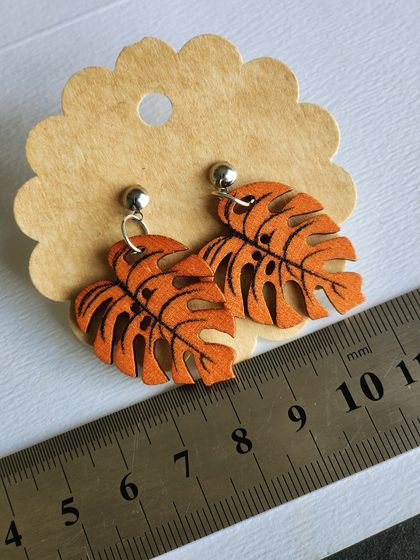 Pumpkin orange stainless steel hypoallergenic short dangling earrings leaves monsteria earrings jewelry accessories wooden buttons into earrings