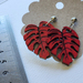 Red fade deep color on wooden buttons finished with stainless steel hypoallergenic short dangling earrings leaves monsteria earrings jewelry accessorize