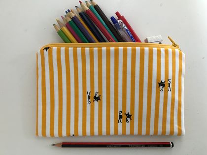 SALE- Cats & stripes medium size pencil case / make-up pouch / toiletry pouch / clutch
