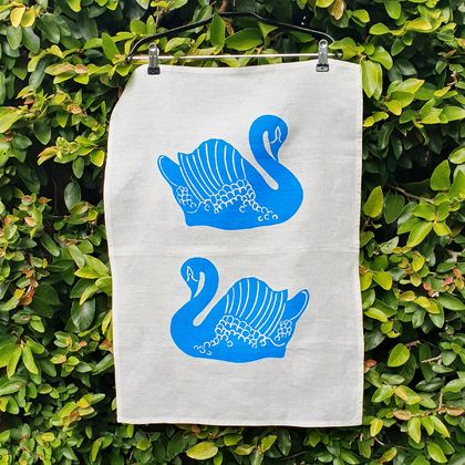Hand Printed Linen Tea Towel - Blue Swan
