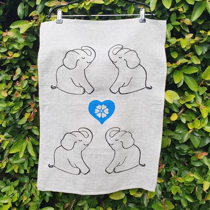 Hand Printed Linen Tea Towel - Sweet Little Elephants