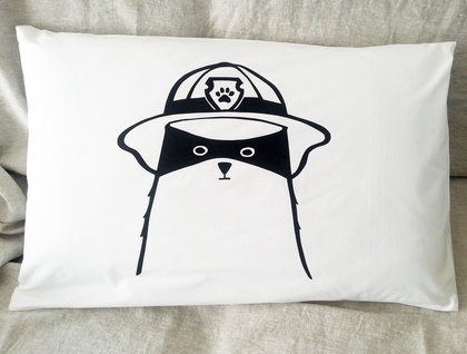 Handprinted Pillowcase - "Cat in Disguise - Fire Dude"