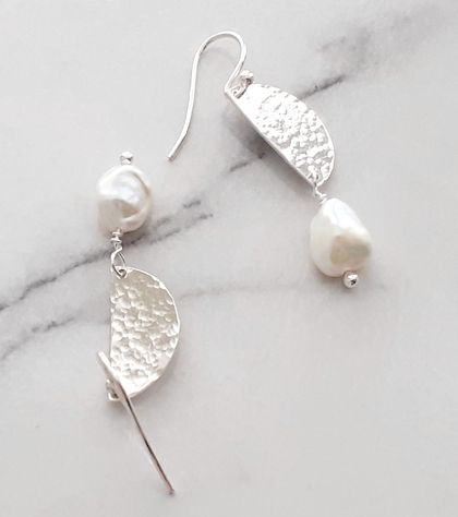 Hammered Sterling Silver/Pearl Drops