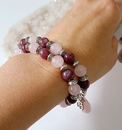  Made to order - LOVE and PEACE - rose quartz and lepidolite 27 bead mala wrap worry bracelet 