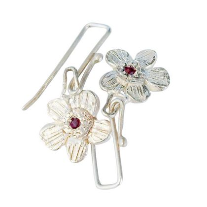 Silver Alpine Daisy Flower Dangle Earrings with Rubies