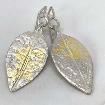 Textured Leaf Earrings - Sterling Silver + 24ct Gold Leaf