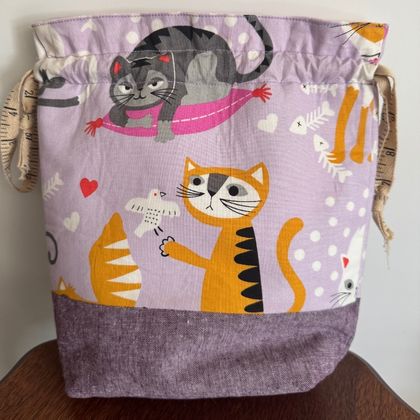 Small Knitting/ Crochet Project Bag , Dreamy Kitties with Mauve base