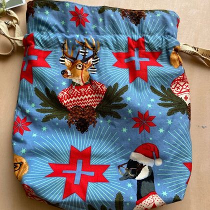 Small Knitting/ Crochet Project Bag , Animals in Christmas Sweaters